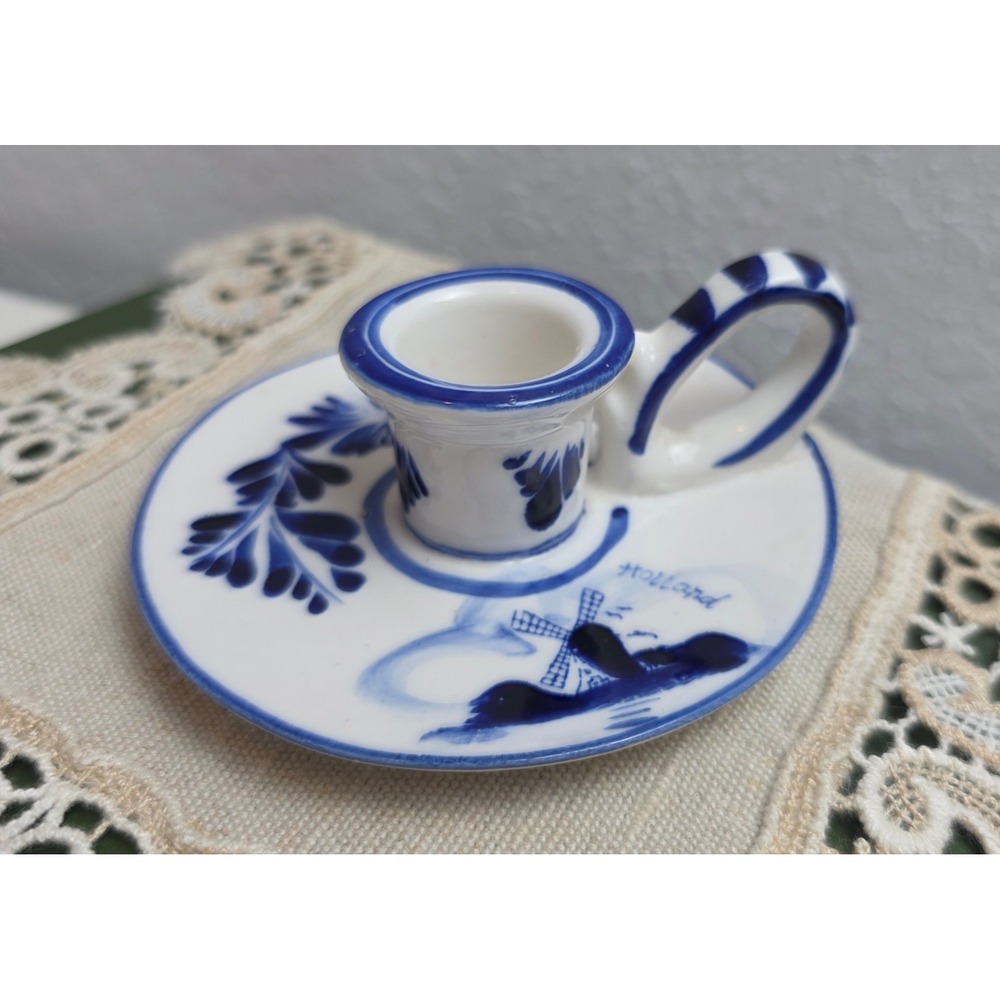 Delft Blue Hand Painted Ceramic Chamberstick Candle Holder Windmill Holland - Picture 2 of 7